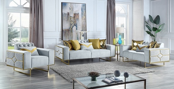 3 Piece Sofa Set Grey And Gold